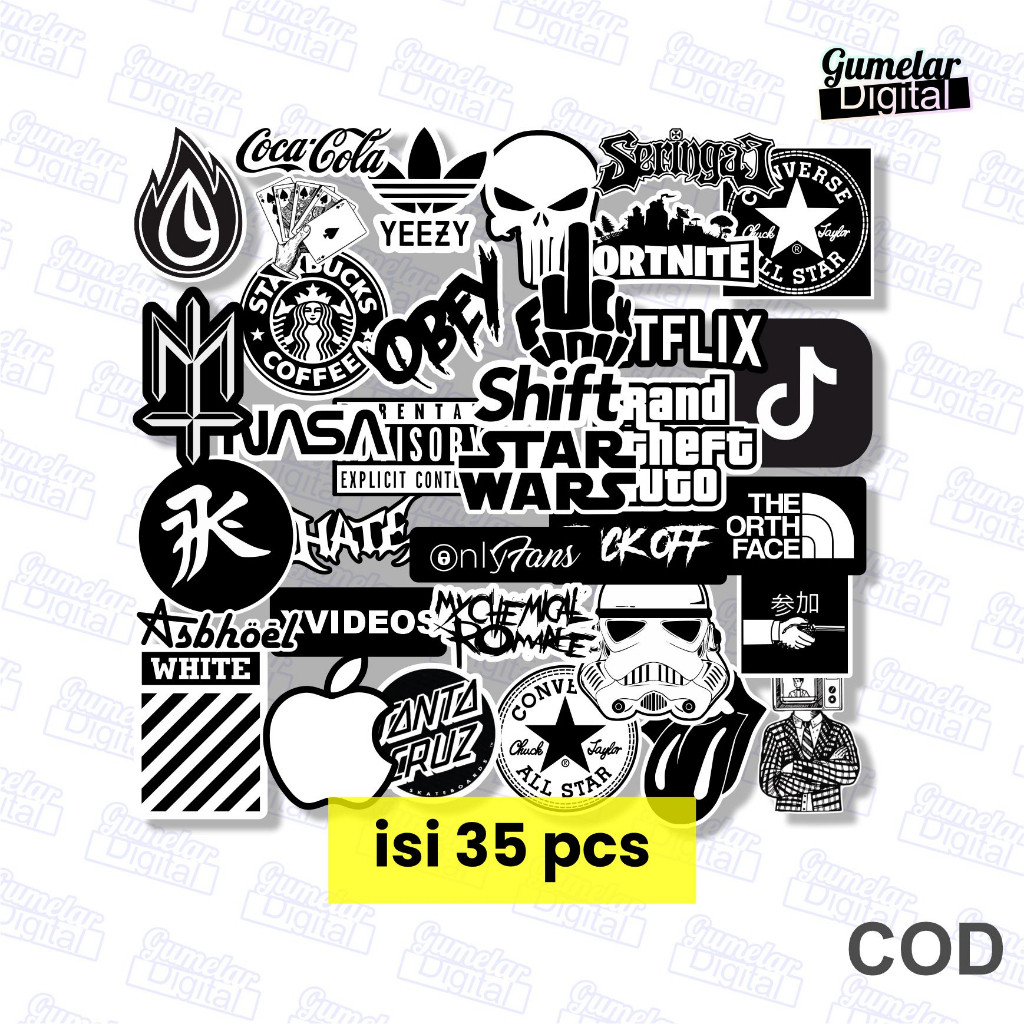 STIKER PACK SPECIAL BLACK WHITE UNTUK HP LAPTOP HELM TUMBLER MOTOR BRAND HYPE
