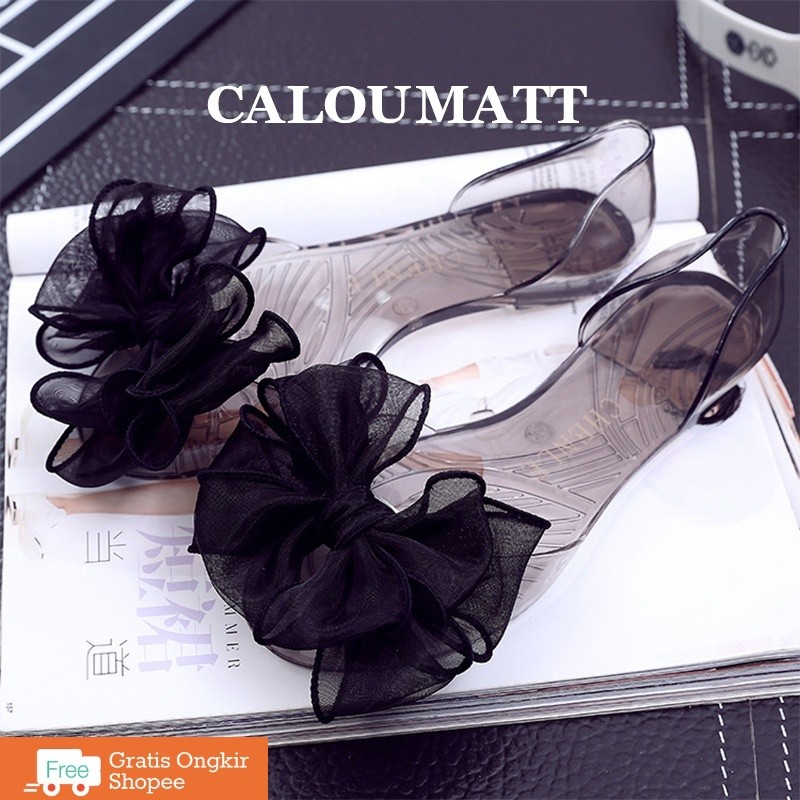 READYSepatu Jelly Korean Bunga Embllished Flat Jelly Shoes  transparan Sepatu Flat Kaca Alina PVC