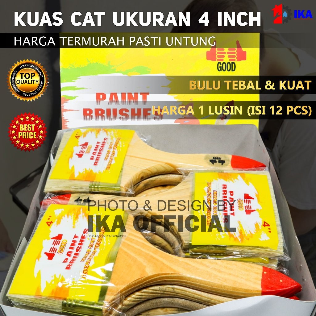 kuas cat 4 " inchi 1Lusin kuas gagang kayu gagang pvc acak merk 4 Inchi harga 1box 12pcs harga grosi