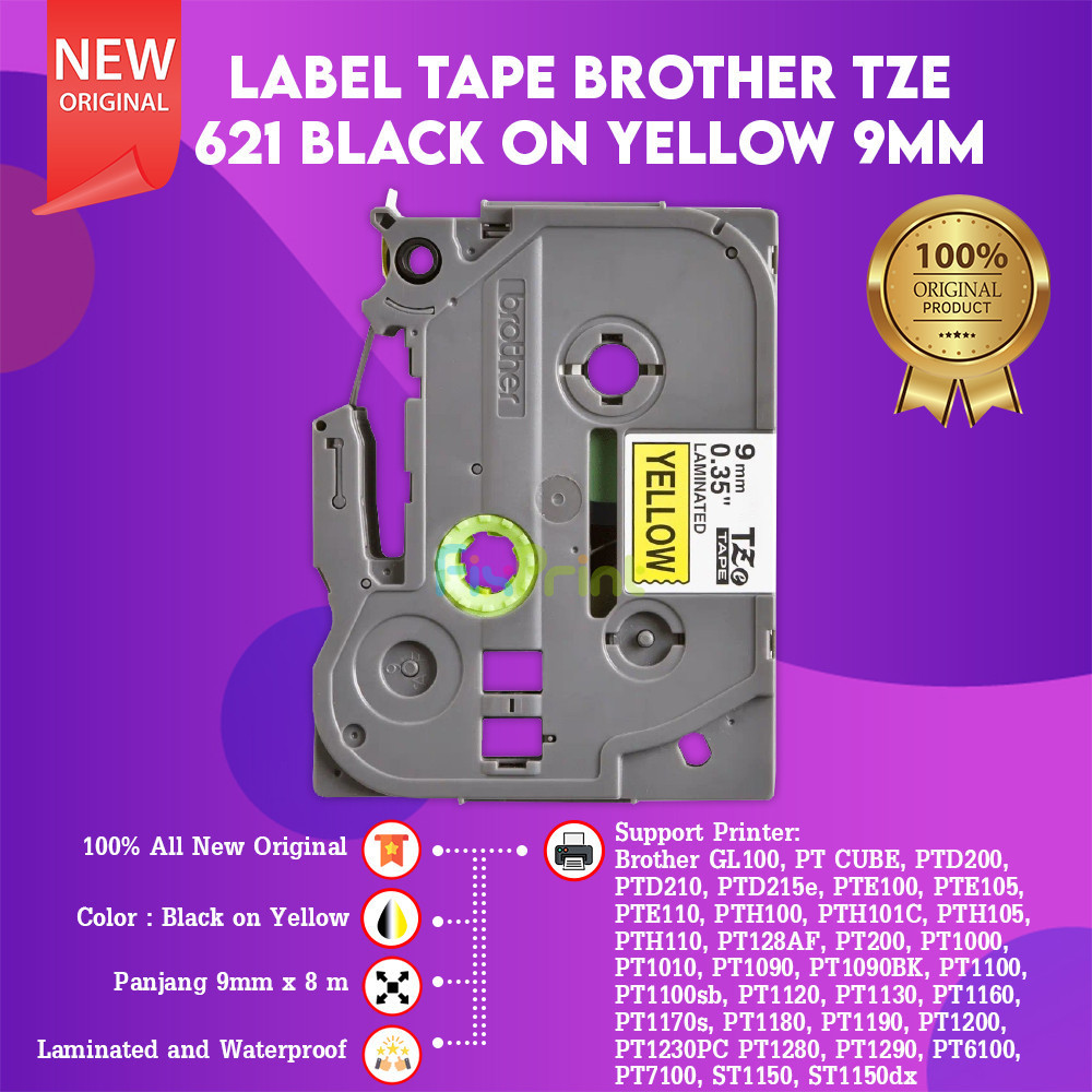 FixPrint Label Tape Brother TZE-621 TZE 621 Original 9mm BlackOnYellow Casette Laminated Printer PTD