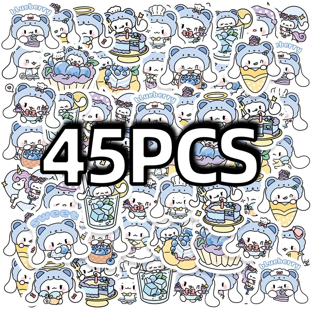 

45pcs Cute Blueberry Cartoon Long-Eared Bunny Stickers Sanrio Style DIY Notebook Skateboard Phone