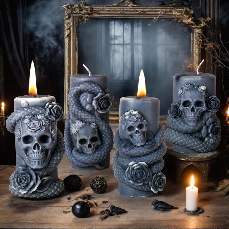 

Skull Flower Snake Column Candle Silicone Mold Handicraft Geometric Cylindrical Aromatherapy Candle Gypsum Mould Halloween Decor