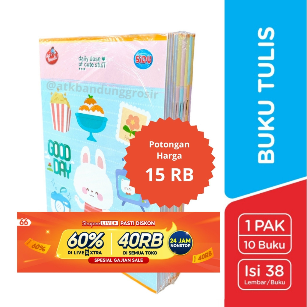 

Buku Tulis Sinar Dunia 38 Lembar (SIDU) Ukuran Qwarto Cover Random - pack (10 buku)