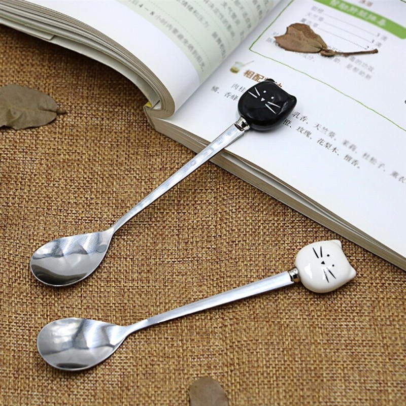 

2pcs/Pack Flatware Kitchen Tool Ice Cream Cartoon Spoon Stainless Steel Long Coffee Cat Handle Ceramic Fruit Fork