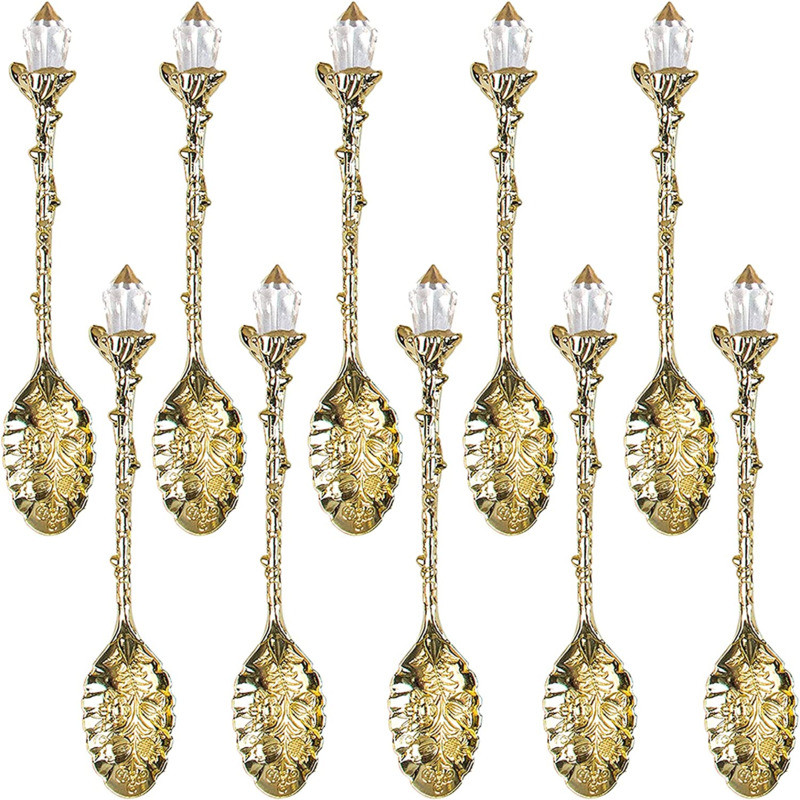 

10 Pieces Vintage Crystal Teaspoon Set Gold Coffee Spoons Dessert For Ice Cream, Cake, Mousse, Pudding Spoon