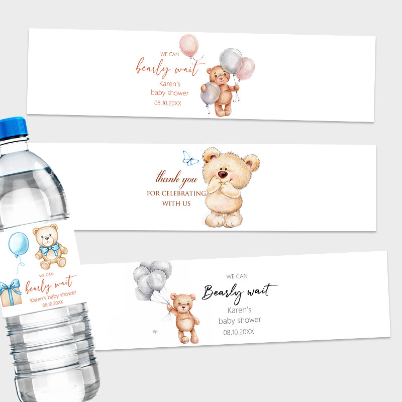 

30pcs Cute Bear Water Bottle Wraps Sticker Custom Labels Baptism Baby Shower Birthday Party Personalized Decor Stickers Supplies