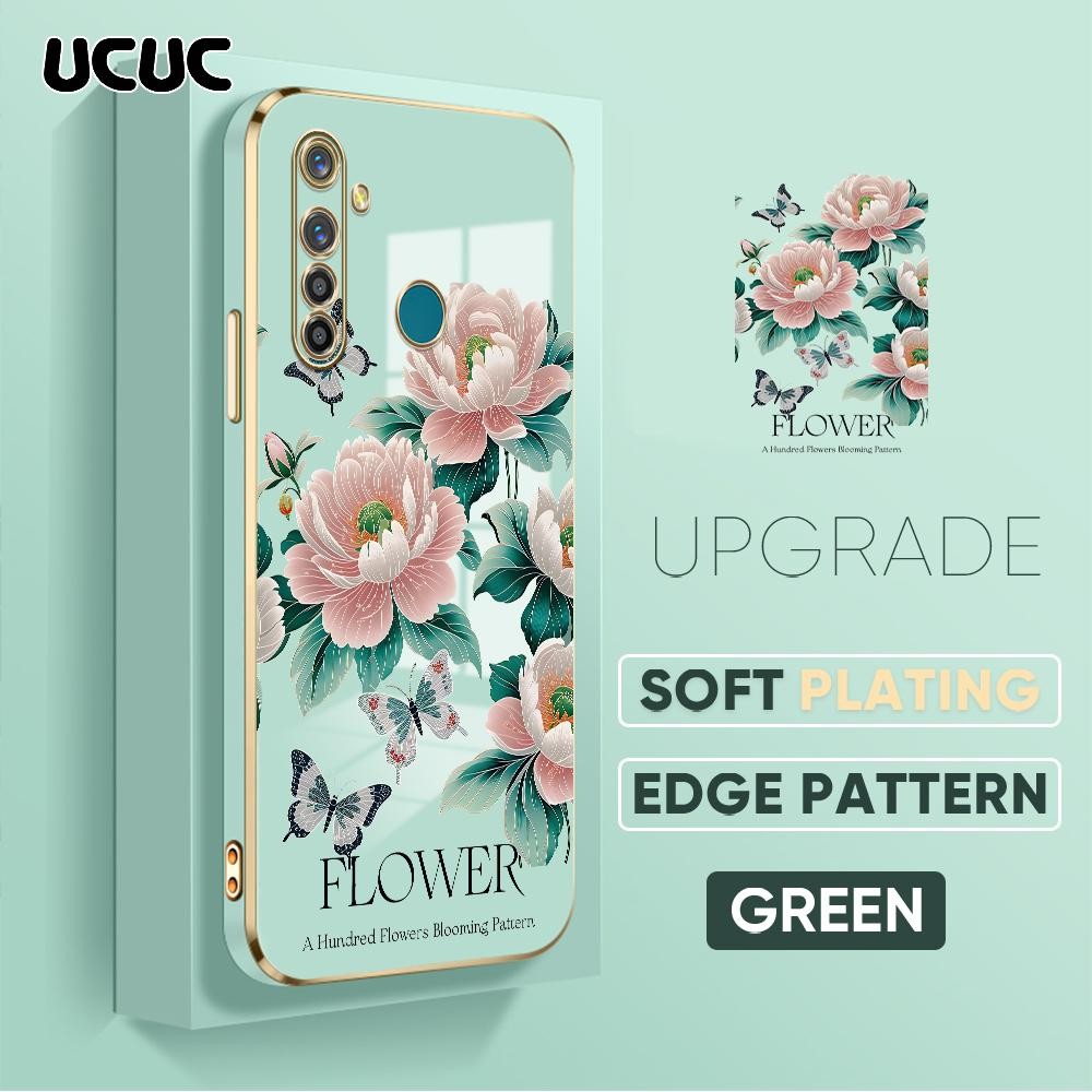 UCUC Realme 5 Pro (Lanyard Gratis) Cartoon Square Edge Pattern Design Luxury Plating Untuk Casing Hp