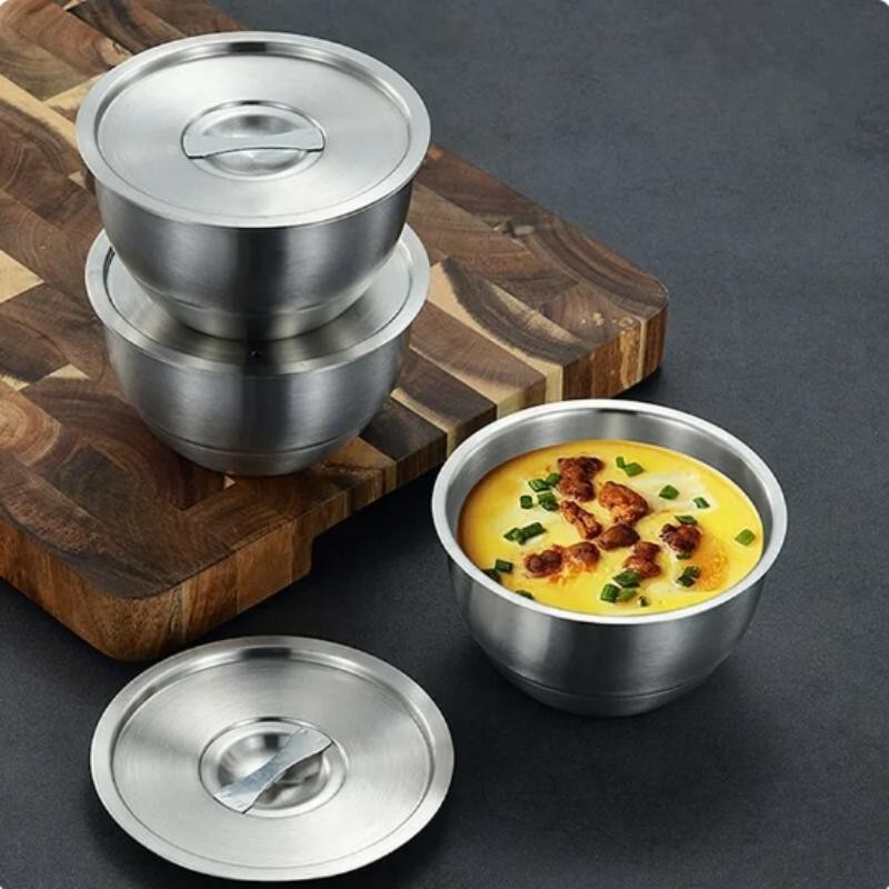 Stainless Steel Rice Bowl with Lid, Soup Bowl, Steamed Rice Bowl, Burn Proof, CHILDREN'S Small Bowl,