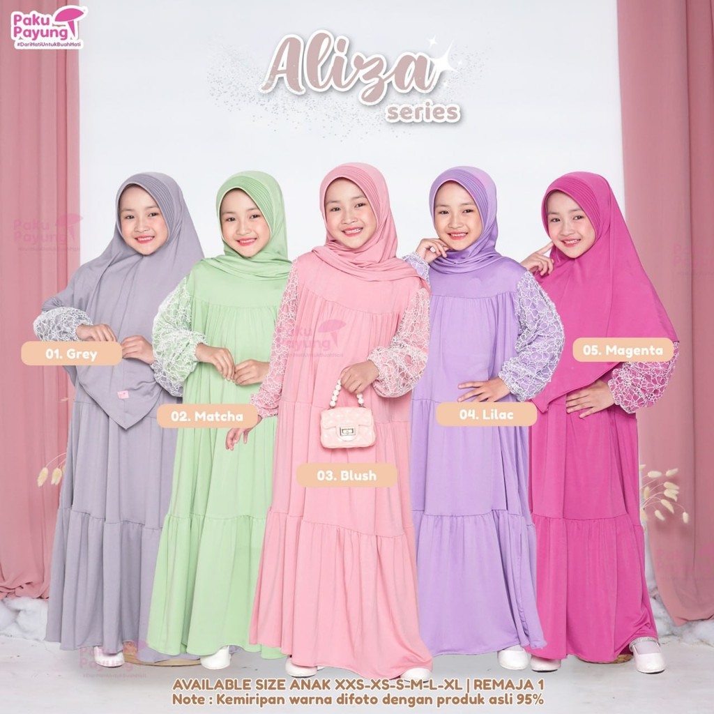 Paku Payung Aliza Series Set Gamis Anak Perempuan Jersey Blush Lilac Matcha Grey Magenta Cute