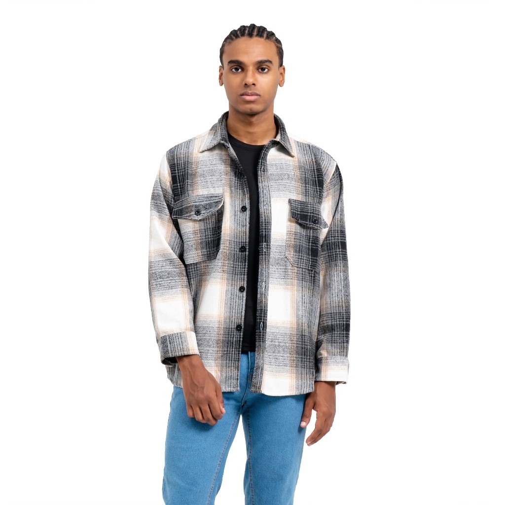 Ribsgold Jaket Pria Shacket Flanel Lengan Panjang Nyaman Outer Tebal Casual BARU