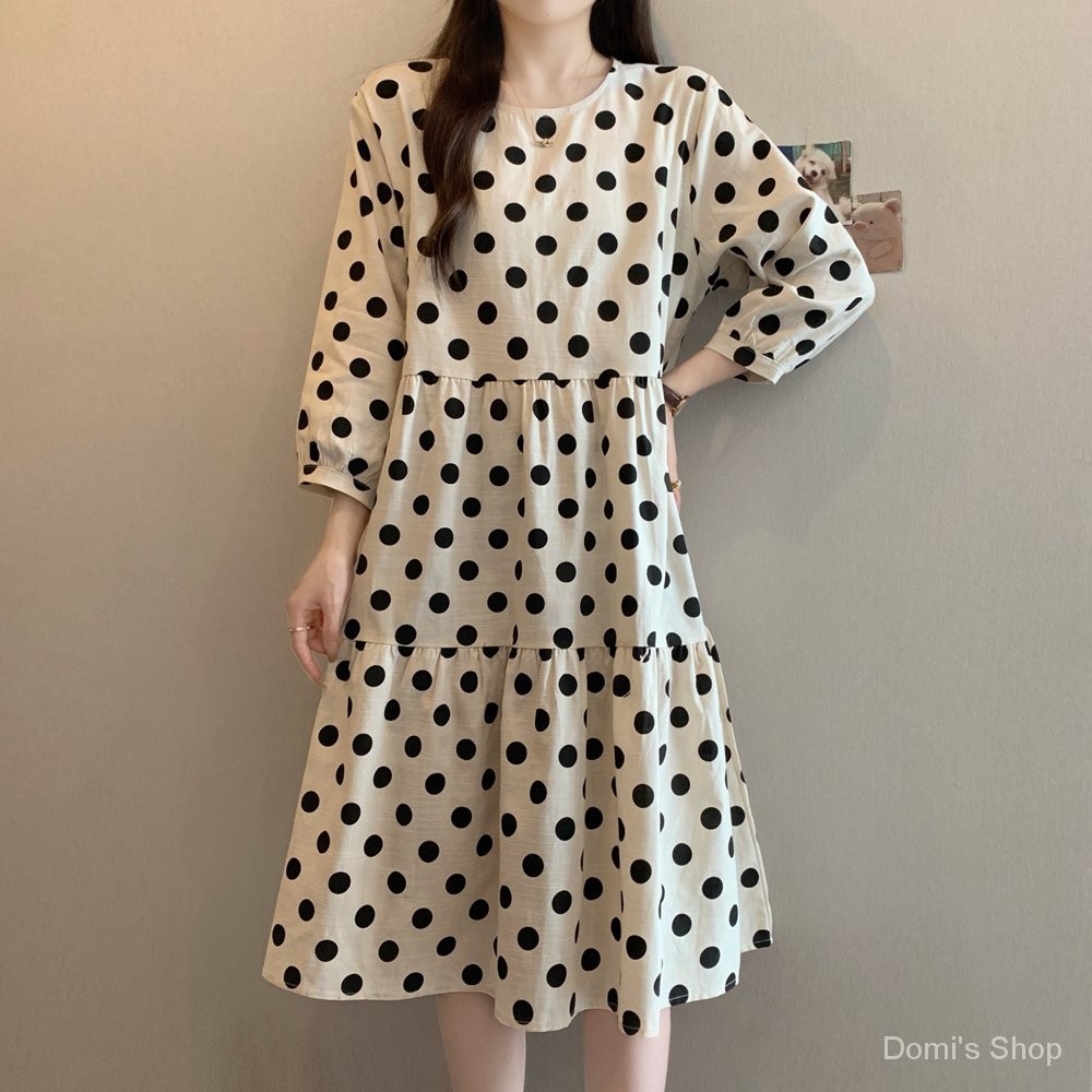 Plus Size Women's Cotton Linen Loose Fit Five-Quarter Sleeve Polka Dot A-Line Dress