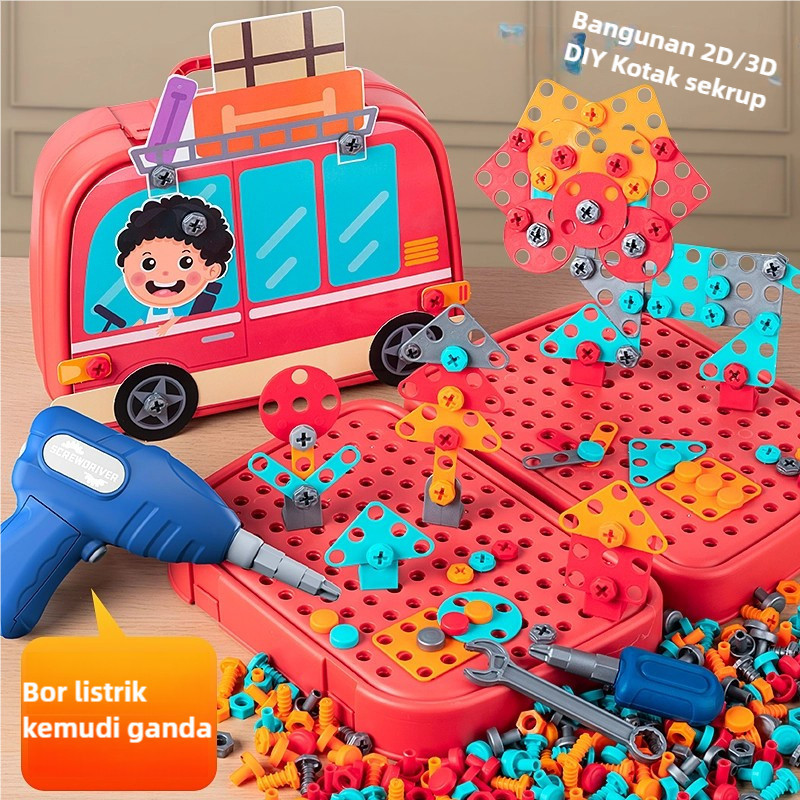Spesial！Mainan Anak Merakit Tool Box Set/Edukasi Anak Dengan Bor Listrik Kotak Peralatan Sekrup