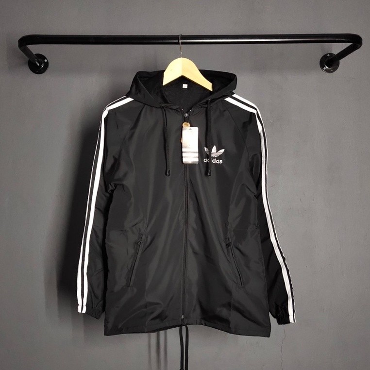 CUCI GUDANG Jaket Pria Parasut Adidas Windbteaker Hitam List Putih XL XXL - Jaket Parsut Jumbo - Jak