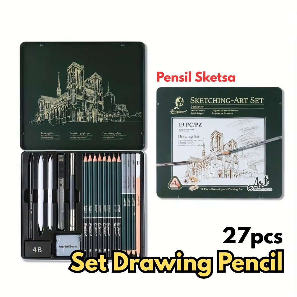 

27pcs Giorgione Set Drawing Pencil Pensil Sketsa Sketch Tin Box Profesional Arang BR081 Penghapus