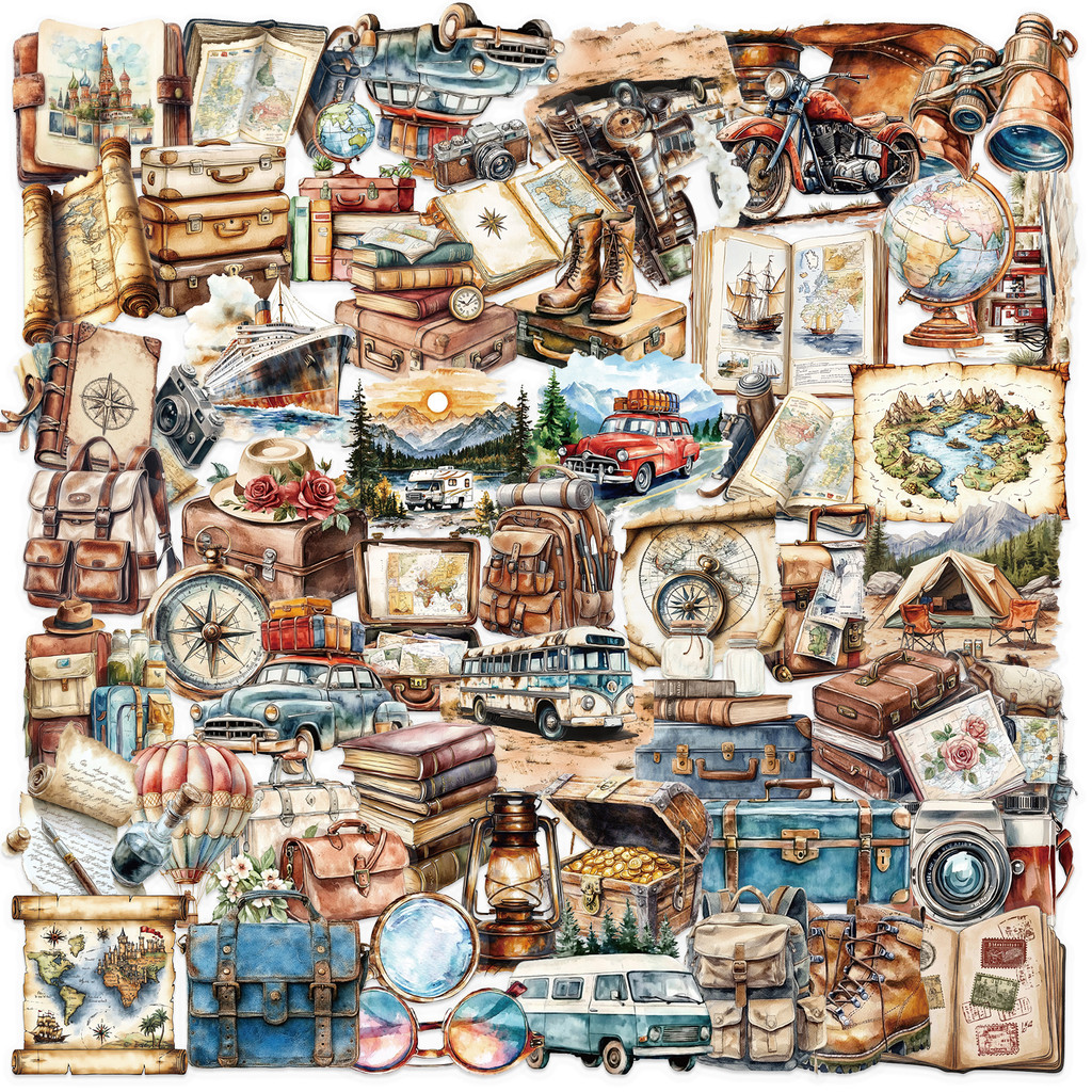 

50PCS Vintage Travel Stickers Creative Cartoon Funny Decor Laptop Guitar Luggage Waterproof Graffiti Sticker Decal Classic Toys