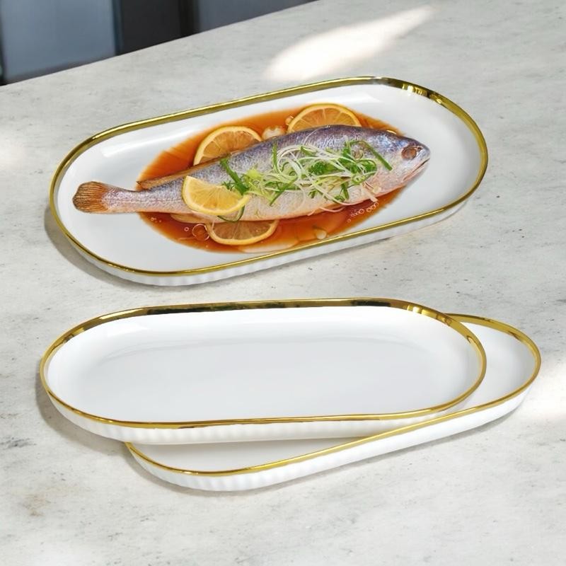 SET isi 3 GOLDIE Piring Oval Keramik wadah ikan lauk pauk gorengan sayur tumis