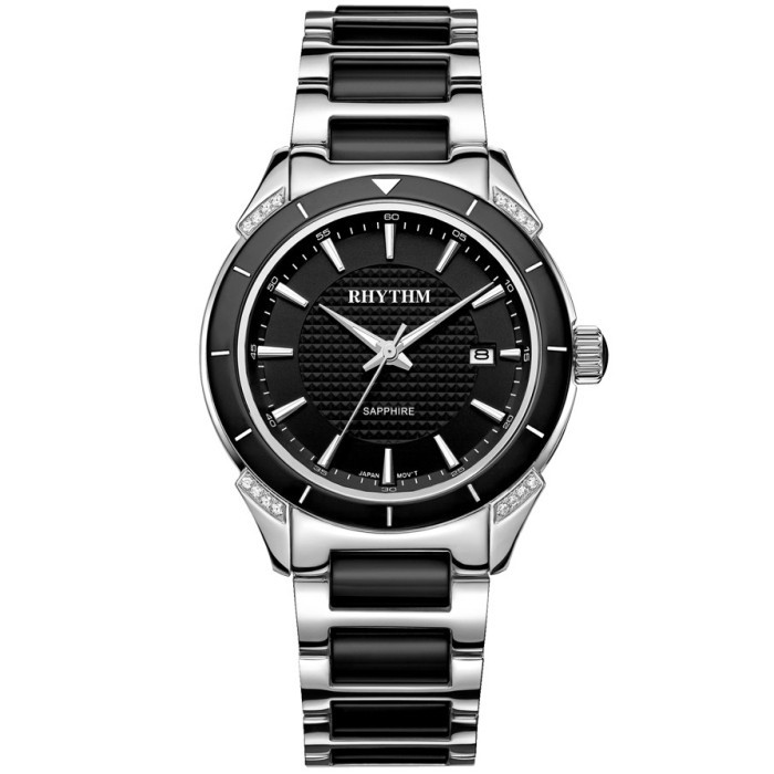 JAM TANGAN WANITA RHYTHM F1207 T02 F1207T02 ANALOG SILVER BLACK  CERAMIC STAINLESS STRAP