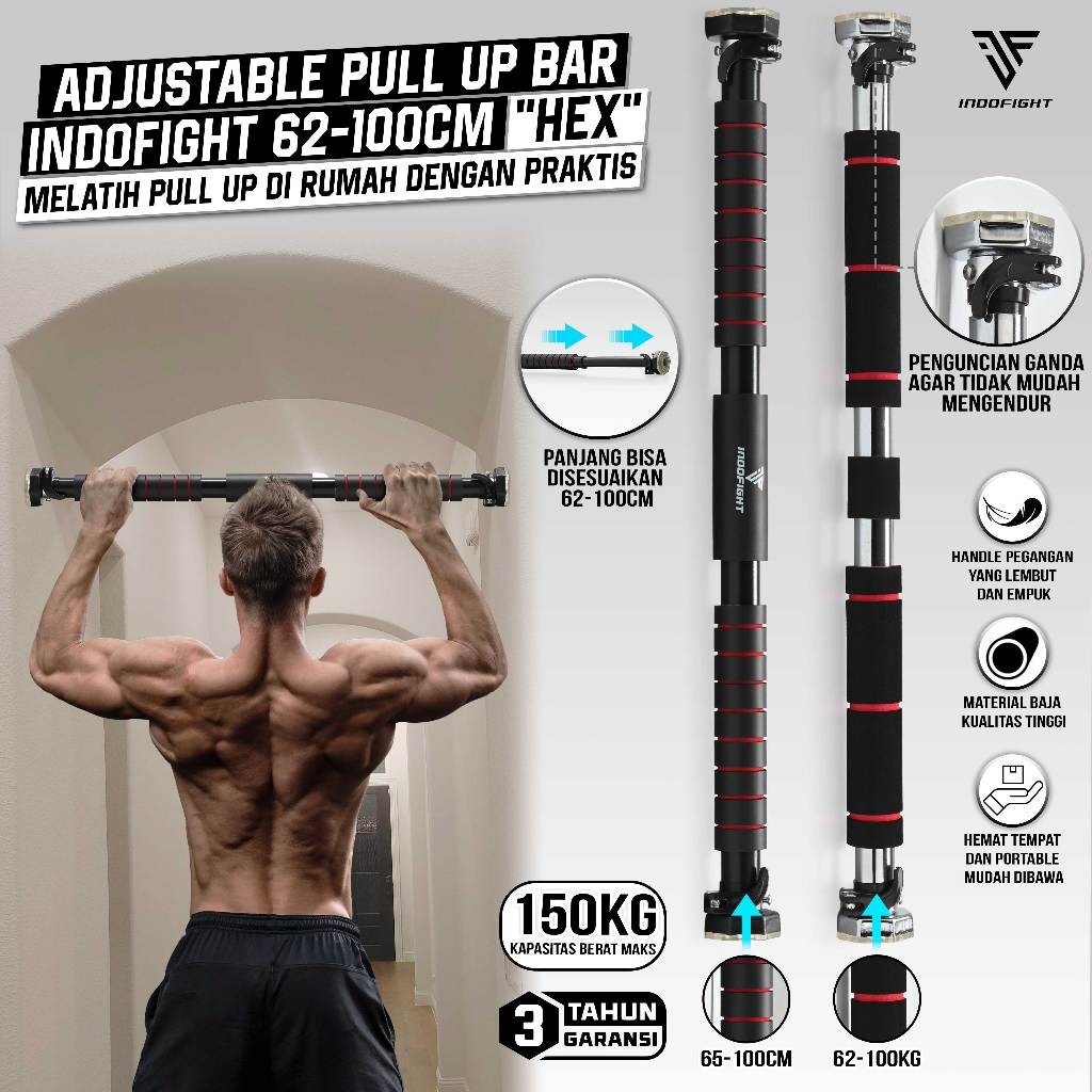 Adjustable Pull Up Bar Indofight 65-100cm Pullup Bar Pintu Alat Pull Up Di Rumah Tiang Pull Up Besi 