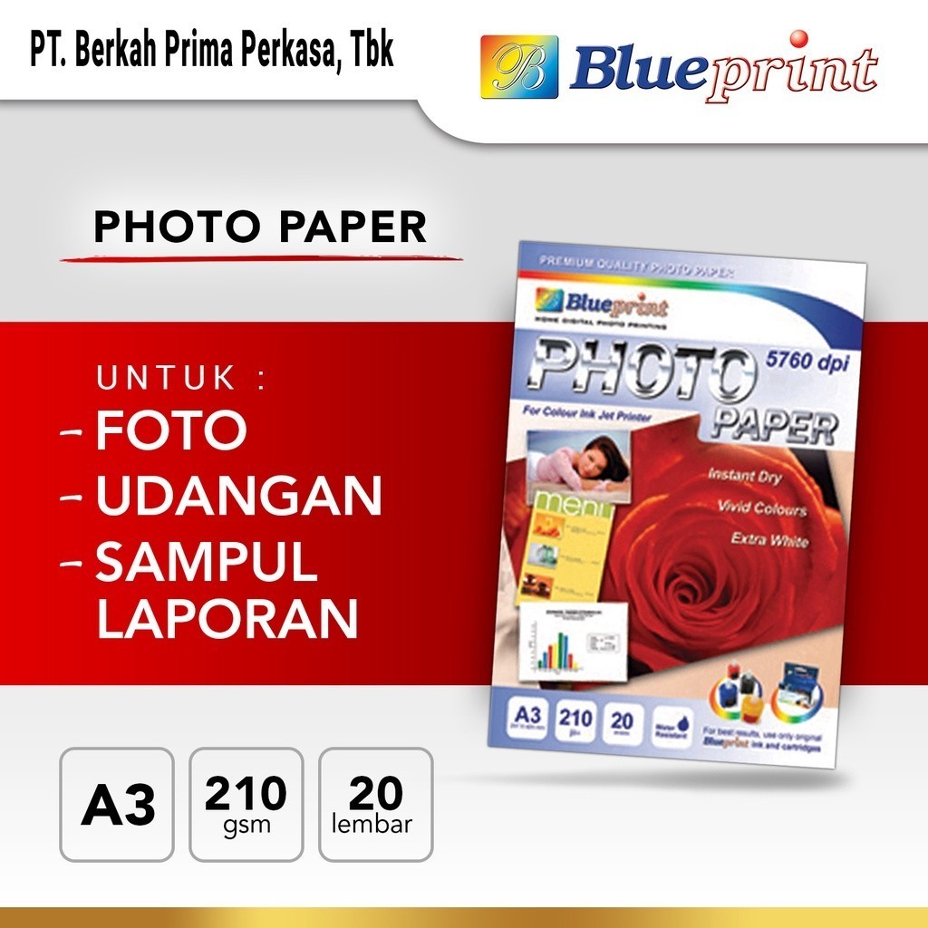 

Kertas Foto Glossy , Glossy Photo Paper BLUEPRINT A3 210 gsm - Original