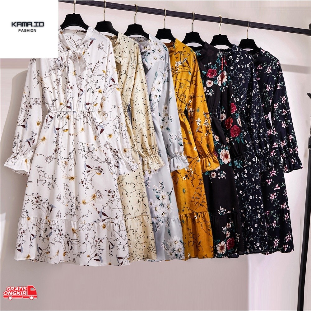 Baju Korea Warna solid hitam merah Wanita midi dress korea lengan panjang Muslimah motif bunga panja