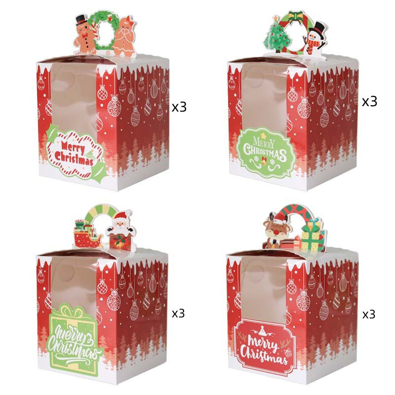 

12pcs Christmas Paper Box with Window Handle Candy Box Soap Candle Cookie Candy Little Gift Packaging Party Favors Decor