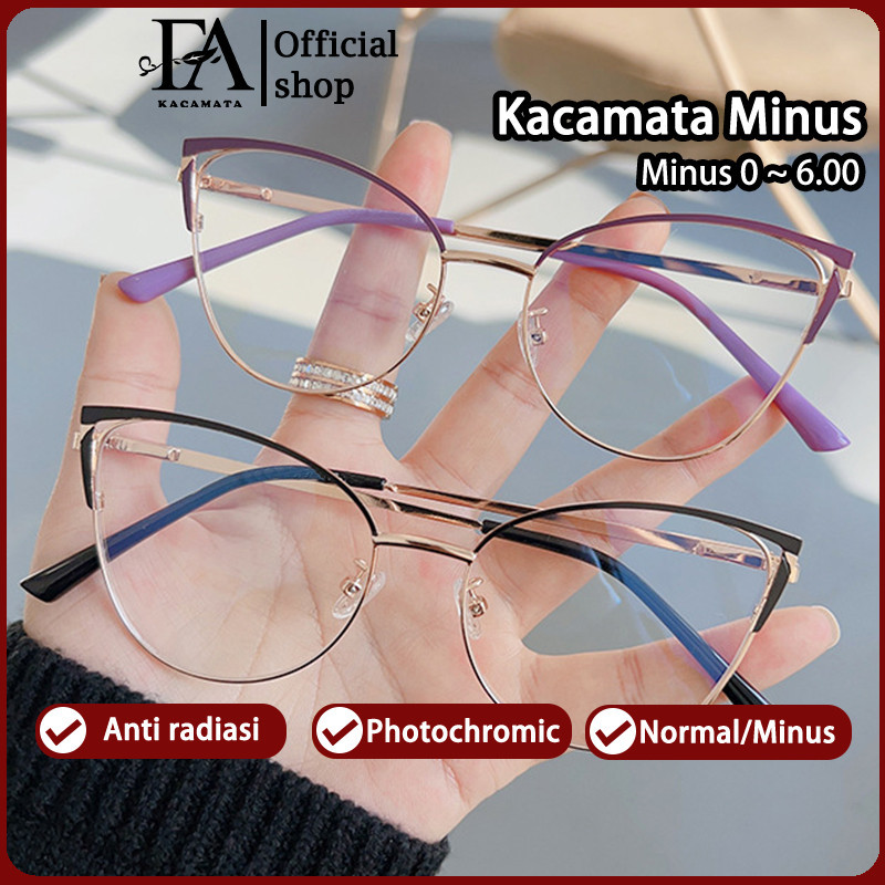 FOMAMATA Kacamata Photocromic Anti Blueray Minus Wanita Cat Eye Bluecromic Silinder Kaca Mata Optik