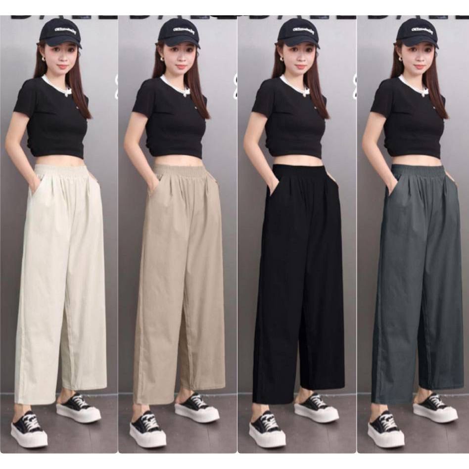 CELANA PANJANG WANITA MODEL KULOT BAHAN KATUN STRECTH PINGGANG FULL KARET TWIN POCKET SAMPING TANPA 