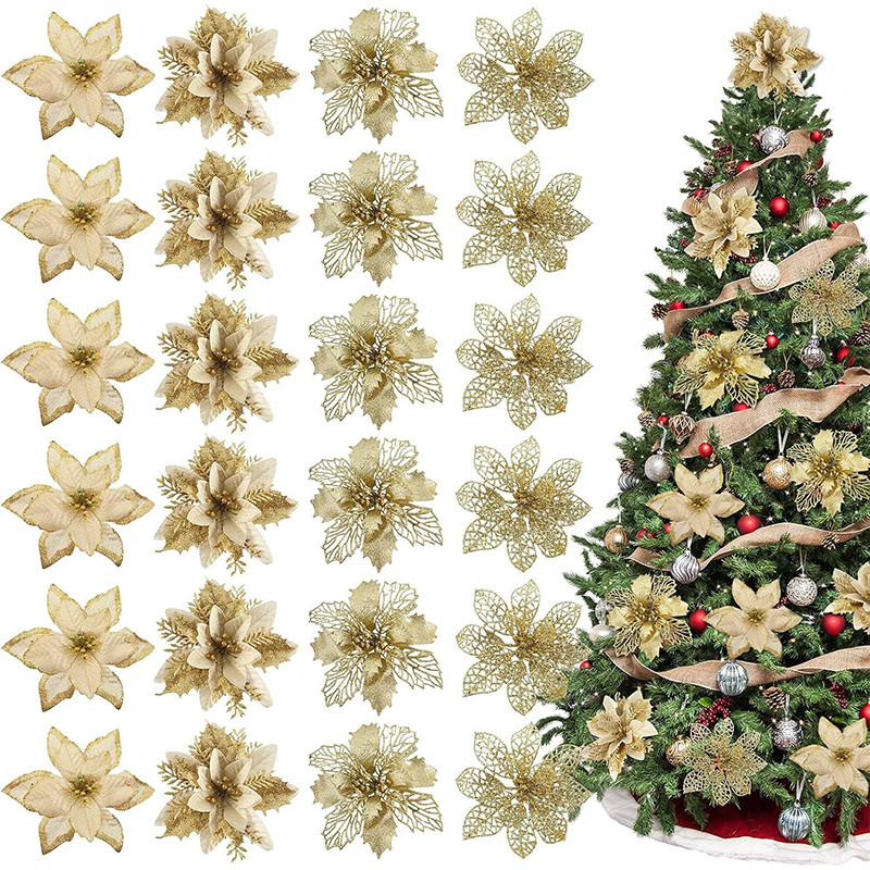 

8/16Pcs/set Glitter Artifical Christmas Flowers Christmas Tree Decorations for Home Fake Flowers Xmas Ornaments New Year Decor