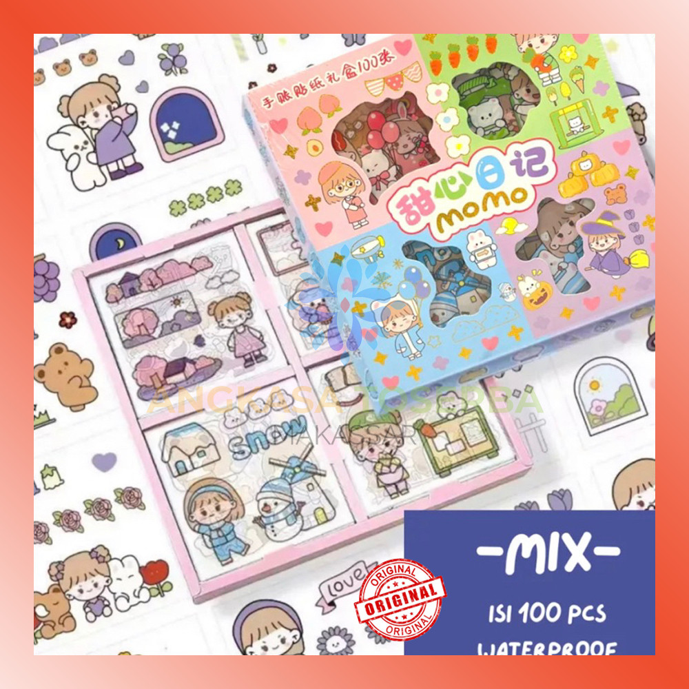 

LAMMORO > SC20 Sticker MOMO Isi 100 Lembar Box Stiker Kartun Korea Lucu Dekorasi TGAL