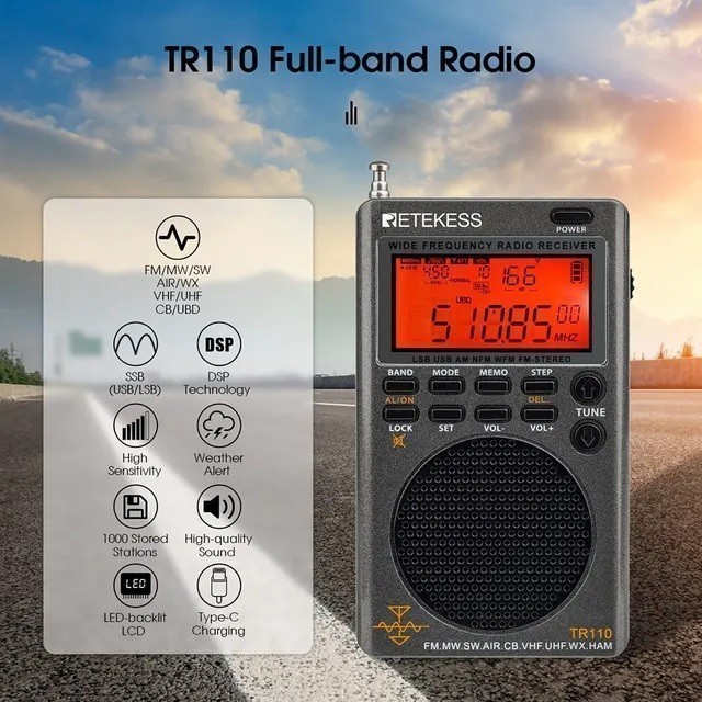 RETEKESS TR110 Radio Digital Portabel FM-MW-SW-LSB-AIR-CB-VHF-UHF