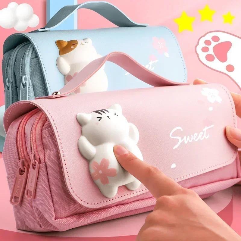 

3D Kawaii Pencil Case Girls Decompression Pen Pouch Cute Waterproof School Supplies Aesthetic Organizer Box Korean Stationery