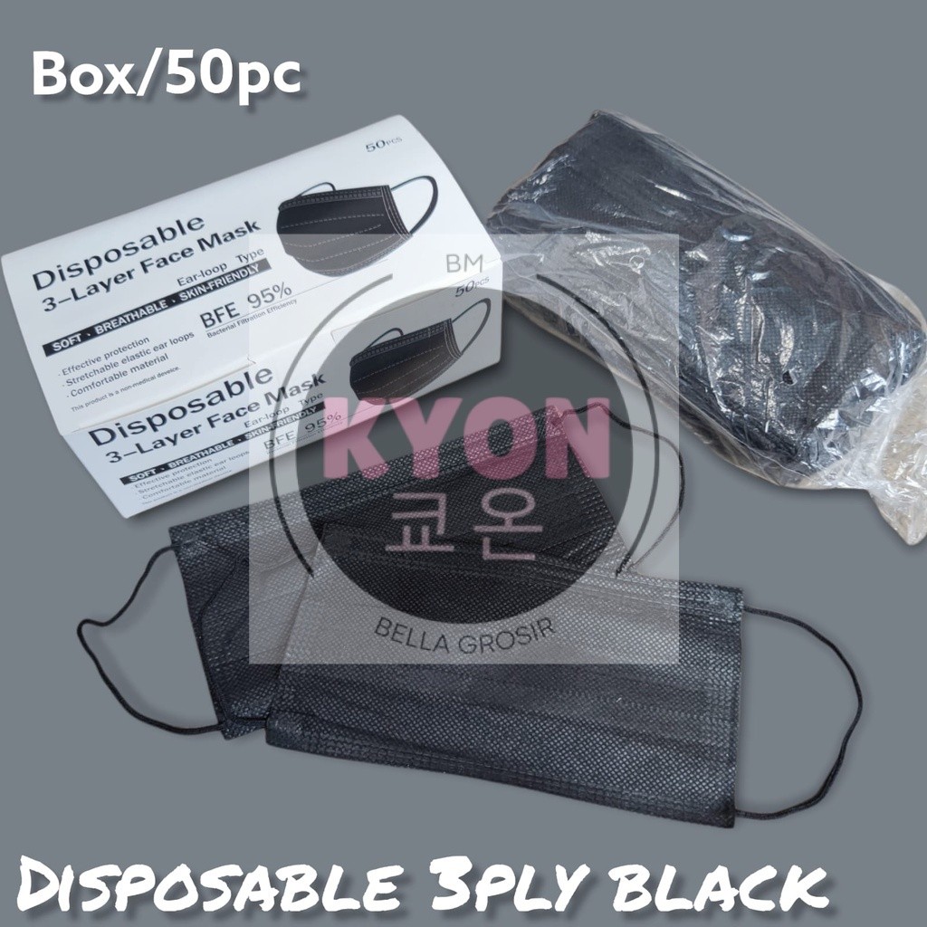 KYON | MASKER 3PLY HITAM BLACK PP 50 NON WOVEN EARLOOP HIJAB DISPOSABLE FACE MASK ISI  50 PC