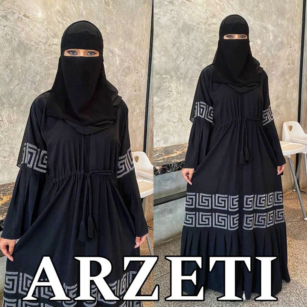 Abaya Saudi Hitam Jetblack Kombinasi Bordir Gamis Mewah Elegan - ARZETI