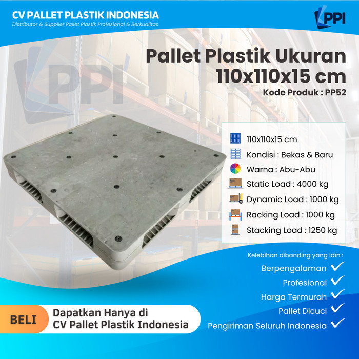 

Pallet Plastik Bekas/Baru Ukuran 110x110x15 cm – PP52 / Pallet Plastik Abu-Abu / Pallet Plastik Plat