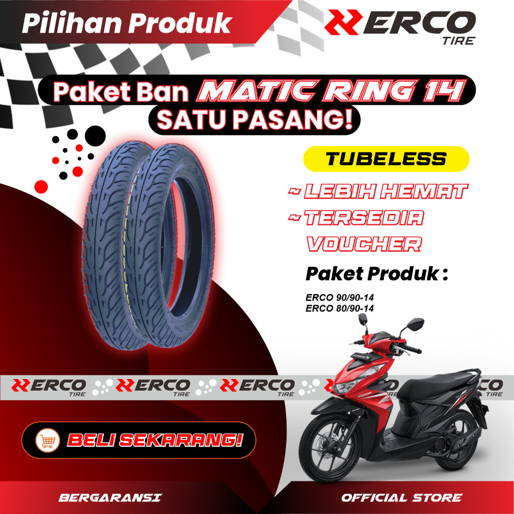 ERCO TIRE Satu Set Ban Motor Matic ERCO Tubeless NonTubeless, 90/90-14 dan 80/90-14
