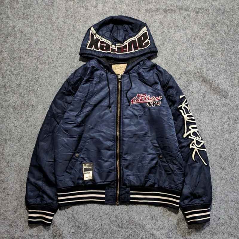 JACKET BOMBER VARSITY HOODIE AVIREX NEW YORK CITY USA BIG LOGO BIG SPELL OUT VINTAGE THRIFT/SECOND