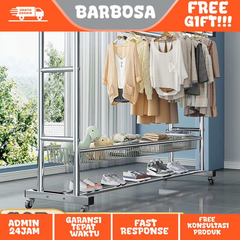 Jemuran Baju Besar Kokoh Stainless Steel Jemuran Baju Tabung Baja Gantungan Baju Berdiri Stainless