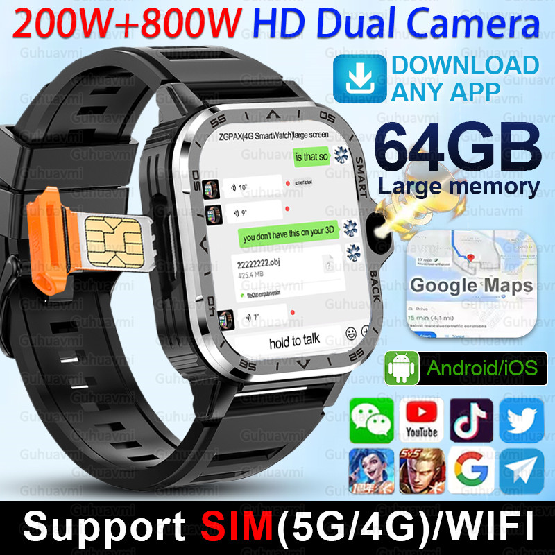 4G/5G SIM Card Wifi Smart Watch 64GB Large Memory APP Download 200W+800W HD Dual Camera Video Call G