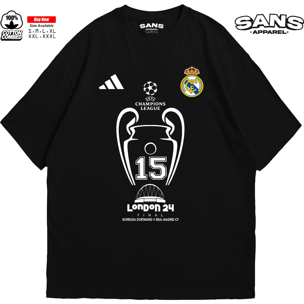 Tshirt Kaos REAL MADRID CHAMPIONS 15 UCL New 002 Cotton Combed 30s / Baju Champion Real madrid ucl /