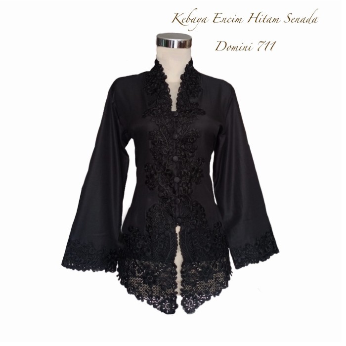 ✨LARIS✨ -Kebaya Encim Bordir Modern Katun Hitam Domini Senada Lengan Panjang - L