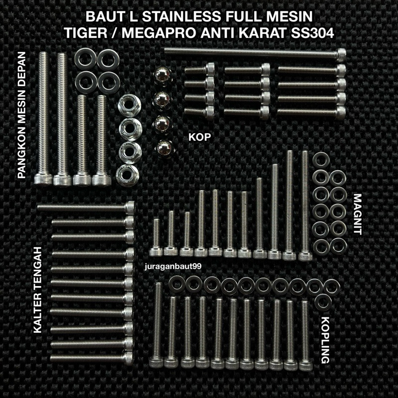 BAUT L FULL MESIN STAINLESS TIGER 2000 TIGER REVO MEGAPRO PRIMUS ANTI KARAT SS304 BAUT TIGER 2000 SE
