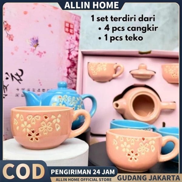 Cangkir Teko Pot Set Keramik Mewah Hampers Gelas Kopi Unik Aesthetic Sakura Teko Teh China /