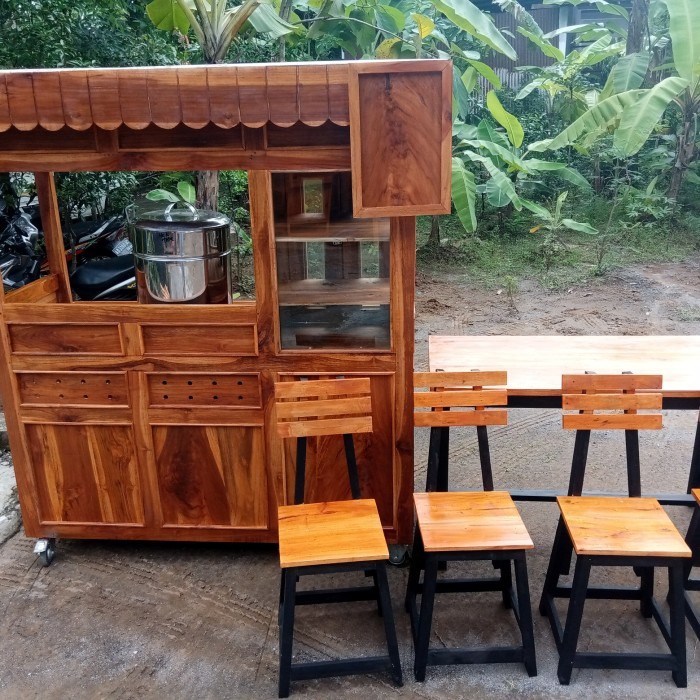 gerobak rombong bakso dan satu set meja kursi satu dandang kayu jati