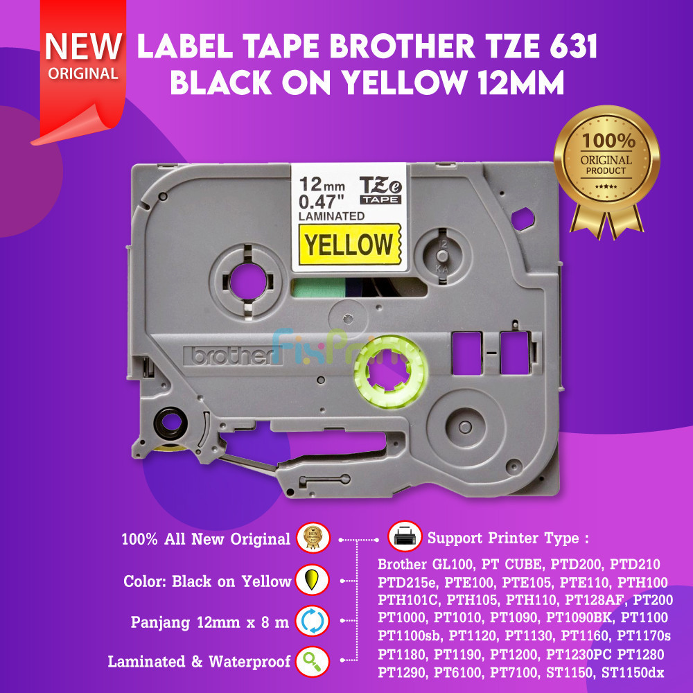 FixPrint Label Brother TZe 631 12mm Black on Yellow PTD200 PTD210 Original