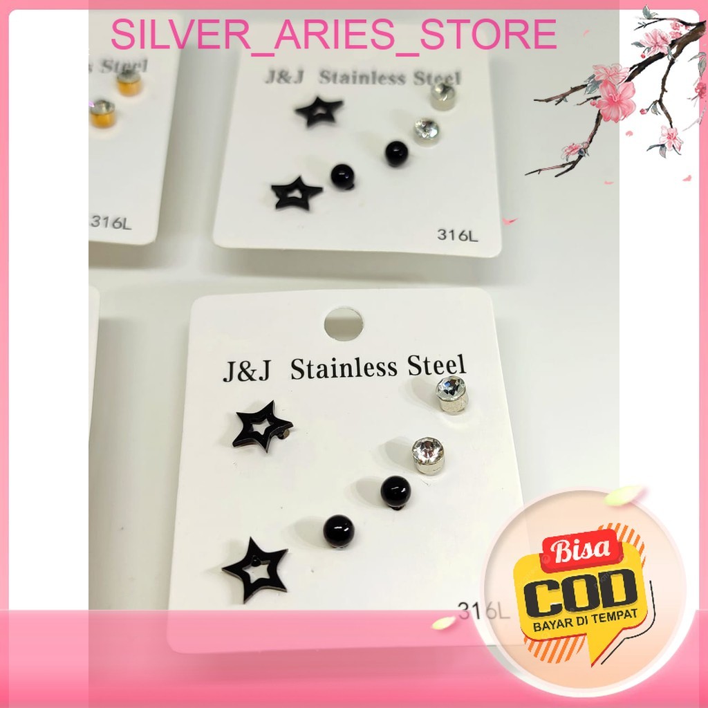 Silver Aries [COD]. Set Anting Tusuk 6 Pcs (3 pasang) Warna HItam Keren Fashion Ala Korea Set anting