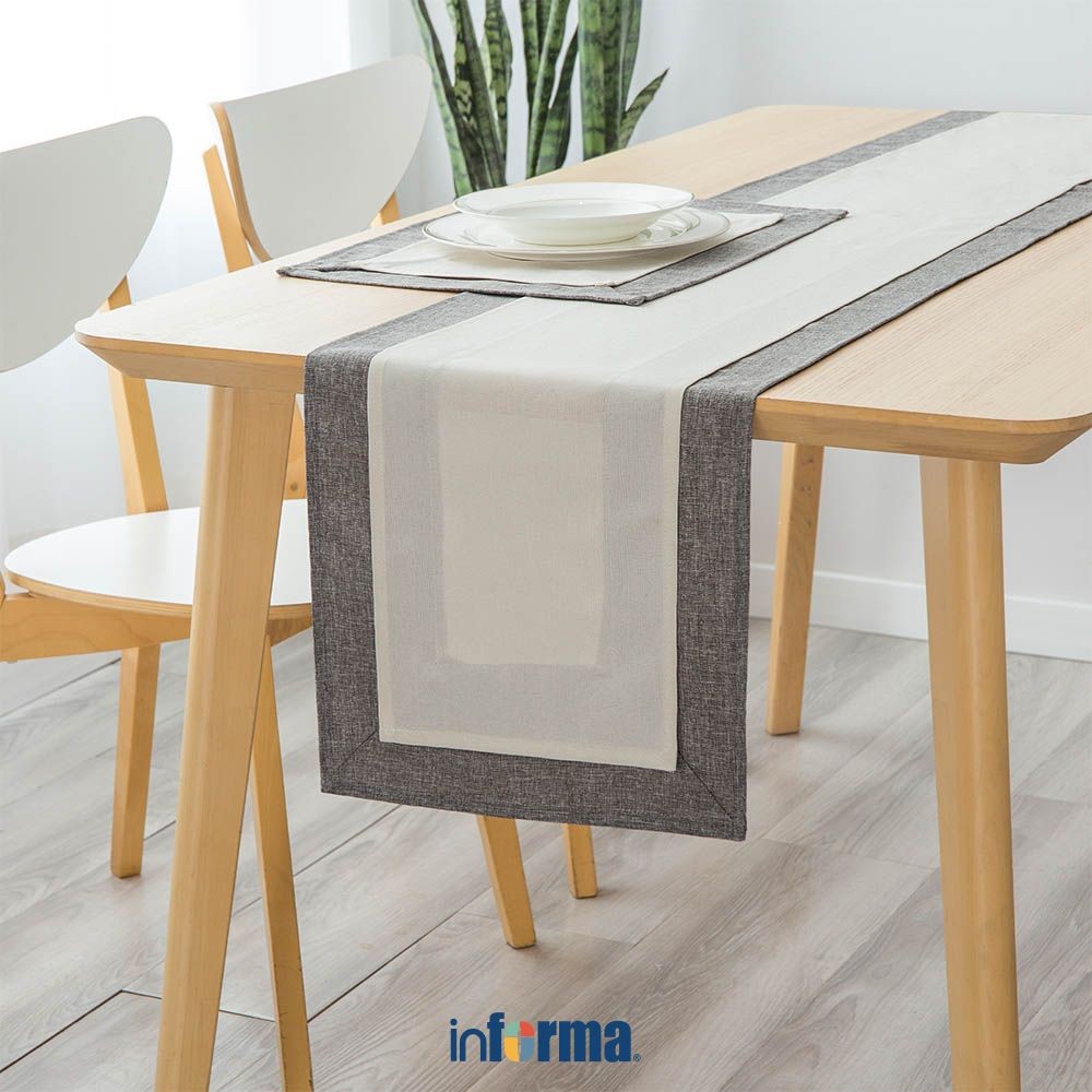 Informa 33X180 cm Table Runner Linen Border - Abu-Abu Taplak Meja Tengah Serbaguna Dekorasi Ruang Ma