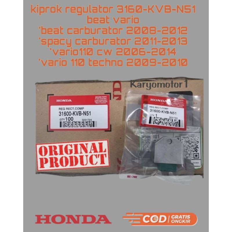 kiprok regulator kvb ORI  REG RECT,COMP 31600-KVB-N51 Honda Vario/beat + beat karburator 2008-2012 +