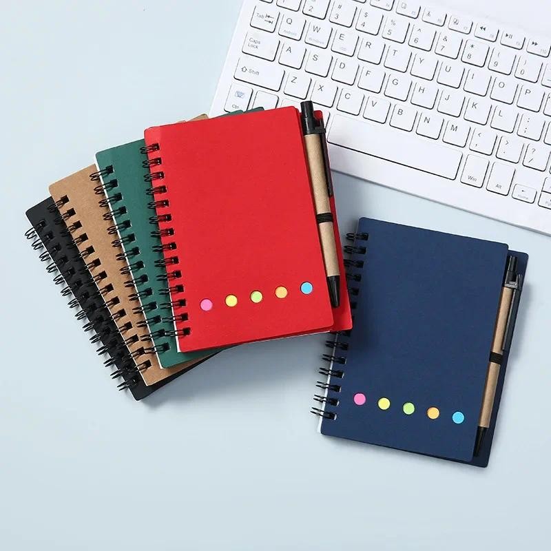 

Lined Spiral Notebook Kraft Paper Cover Notepad with Pen in Holder, Sticky Notes and Page Marker, Business Small Notebook