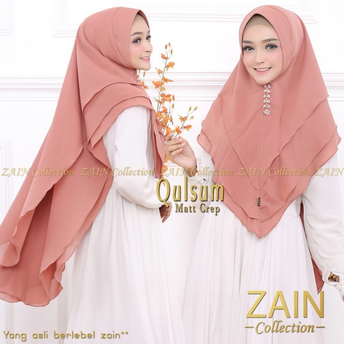 Qulsum Khimar Syari 3 Layer Diamond Crep Hijab Instan Zain Collection - Moka