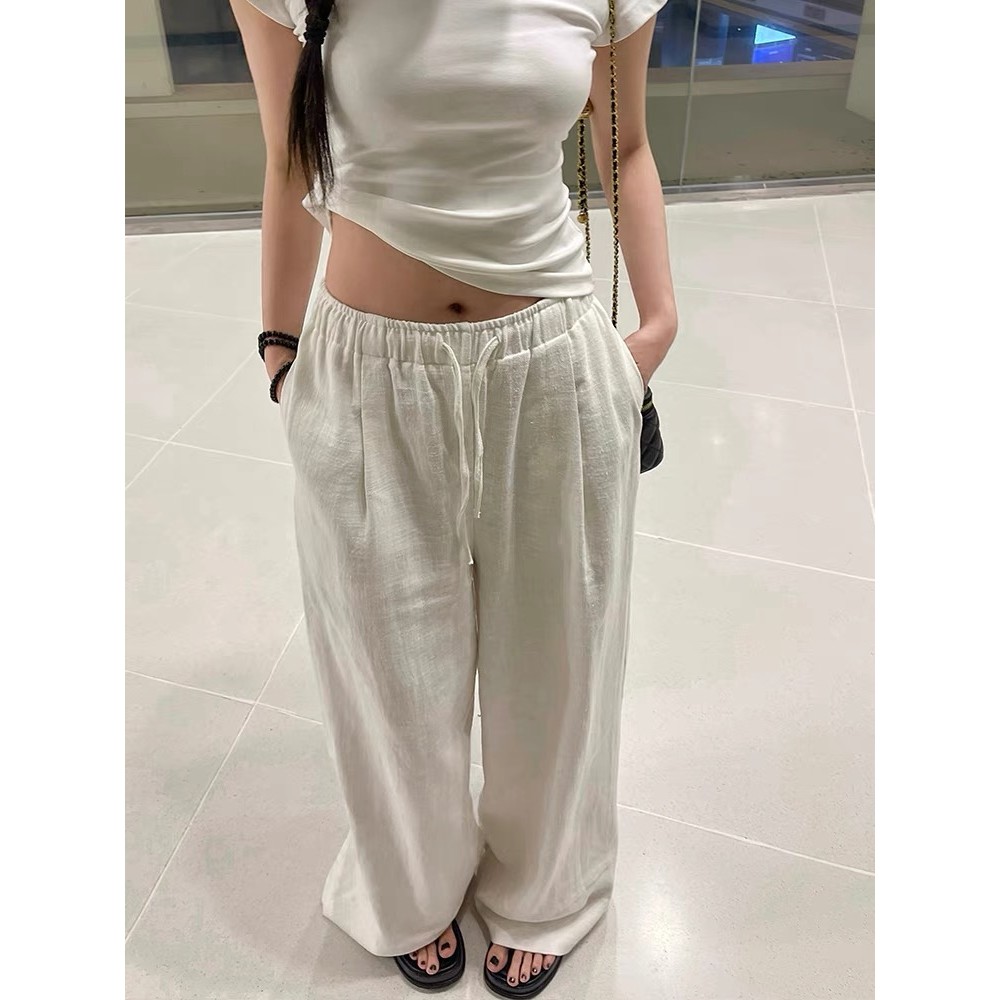 HOUZHOU Wide Leg White Linen Pants Woman Casual Basic Summer 2024 Oversize Female Straight Trousers 